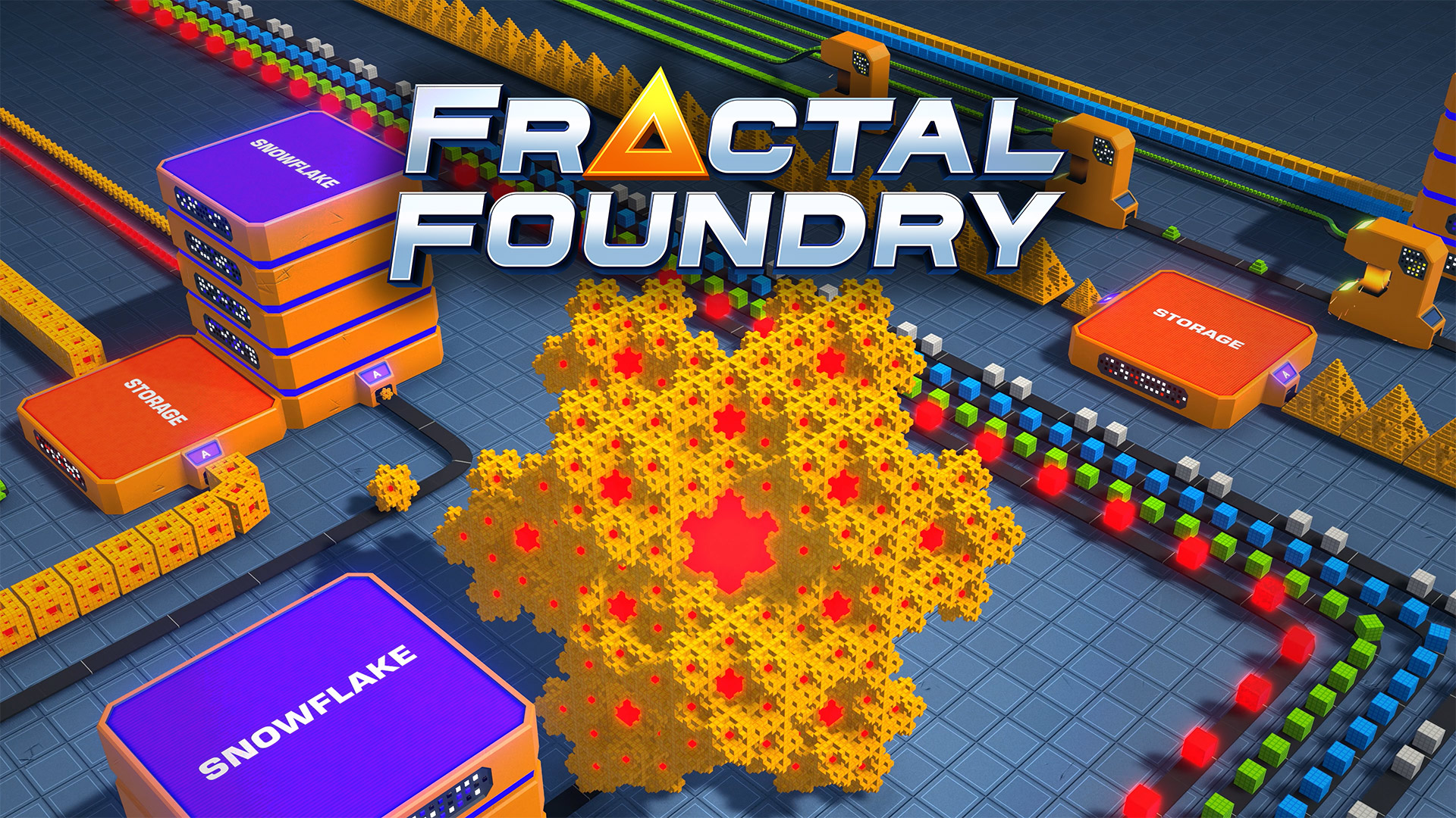 Fractal Foundry game key art showing a snowflake fractal megastructure made from cubes surrounded by colorful factory conveyor belts and machines.